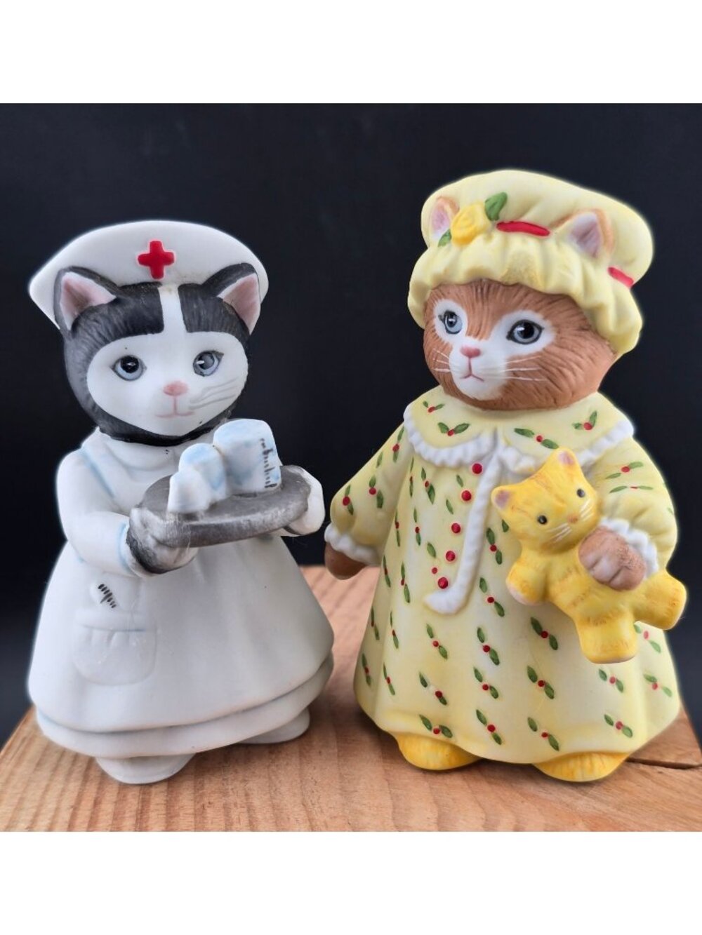 Kitty Cucumber Ginger & Ellie Figurines Nurse & Pajamas By Schmid 1980s Cat Deco